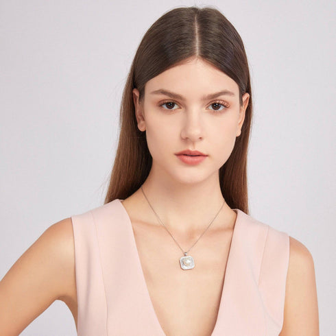 11-12mm Freshwater Pearl & Square CZ Pendant Necklace - House Of Pearls